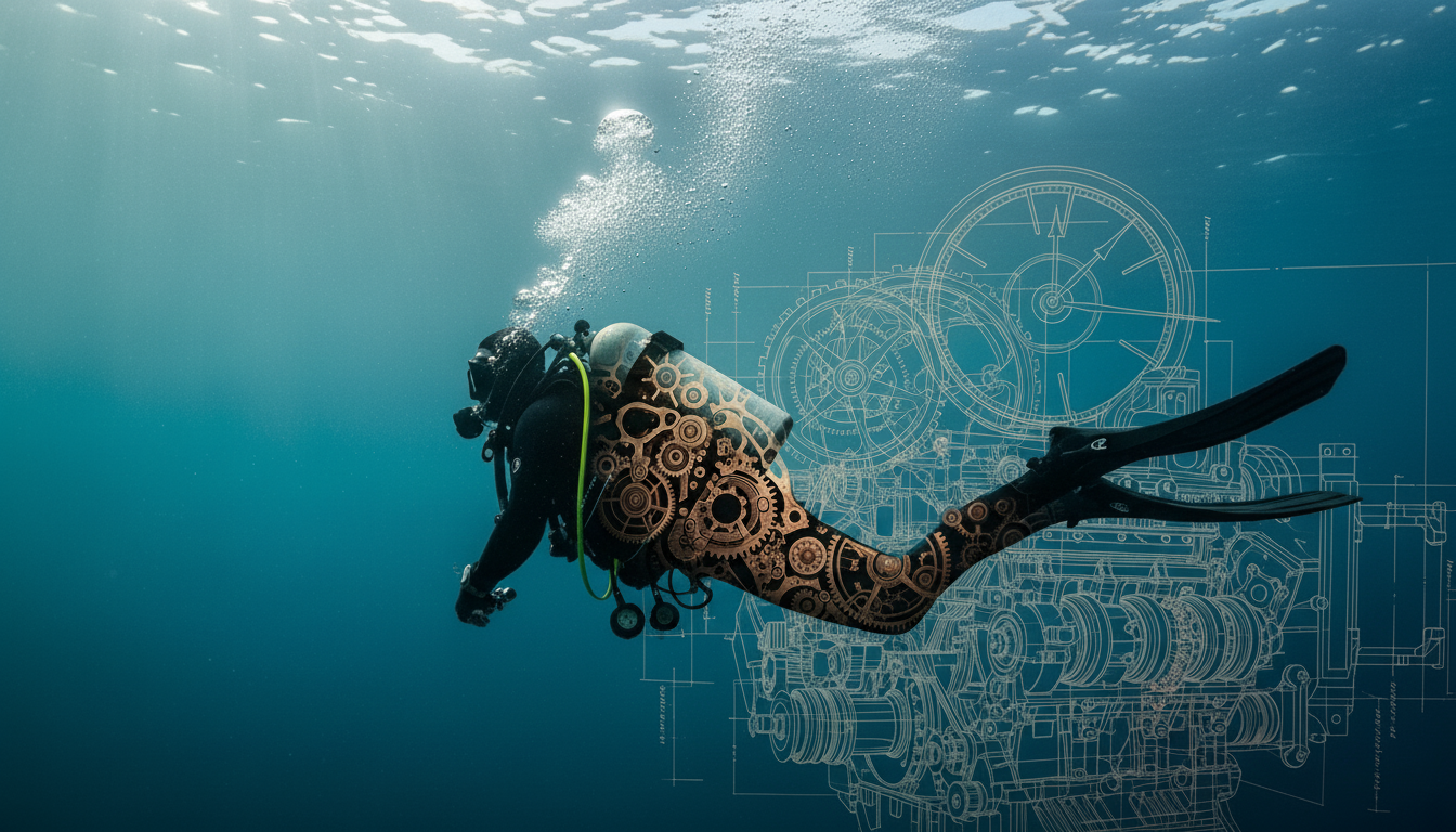 Buceador con mala postura arrodillado en el fondo, ejemplo de mitos en el buceo